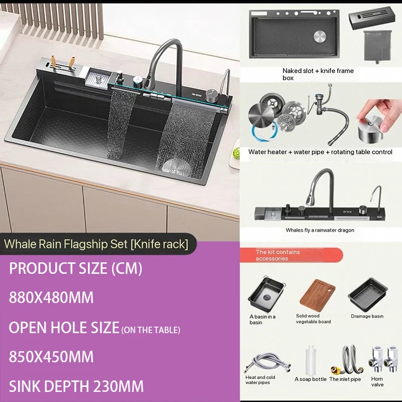 304 Stainless Steel Waterfall Kitchen Sink Large Single Slot Integrated Digital Display Faucet Set Soap Dispenser Cup Washer - Daisan Mart