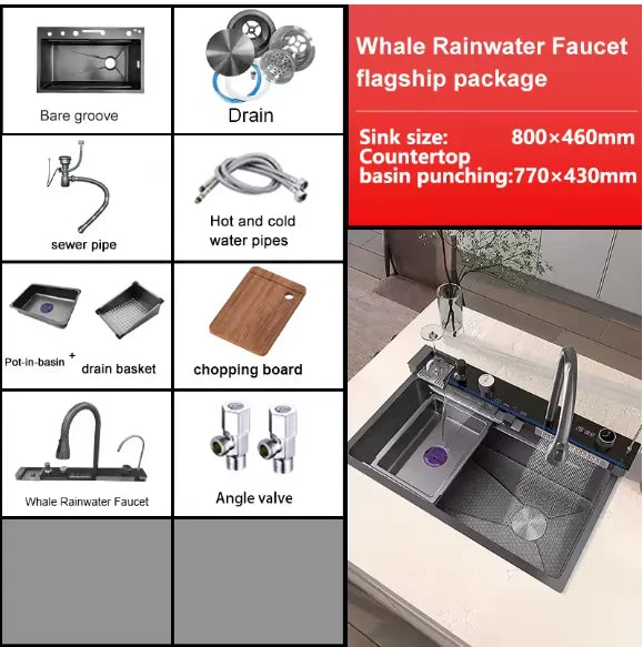 304 Stainless Steel Waterfall Kitchen Sink Large Single Slot Integrated Digital Display Faucet Set Soap Dispenser Cup Washer - Daisan Mart