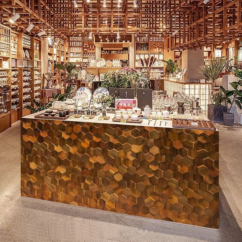 Walnut Wood Mosaic Tile Wall Sticker for TV Background Art Wall Decoration Modern 3D Wood Hexagon Wooden Panel Wall Panel - Daisan Mart