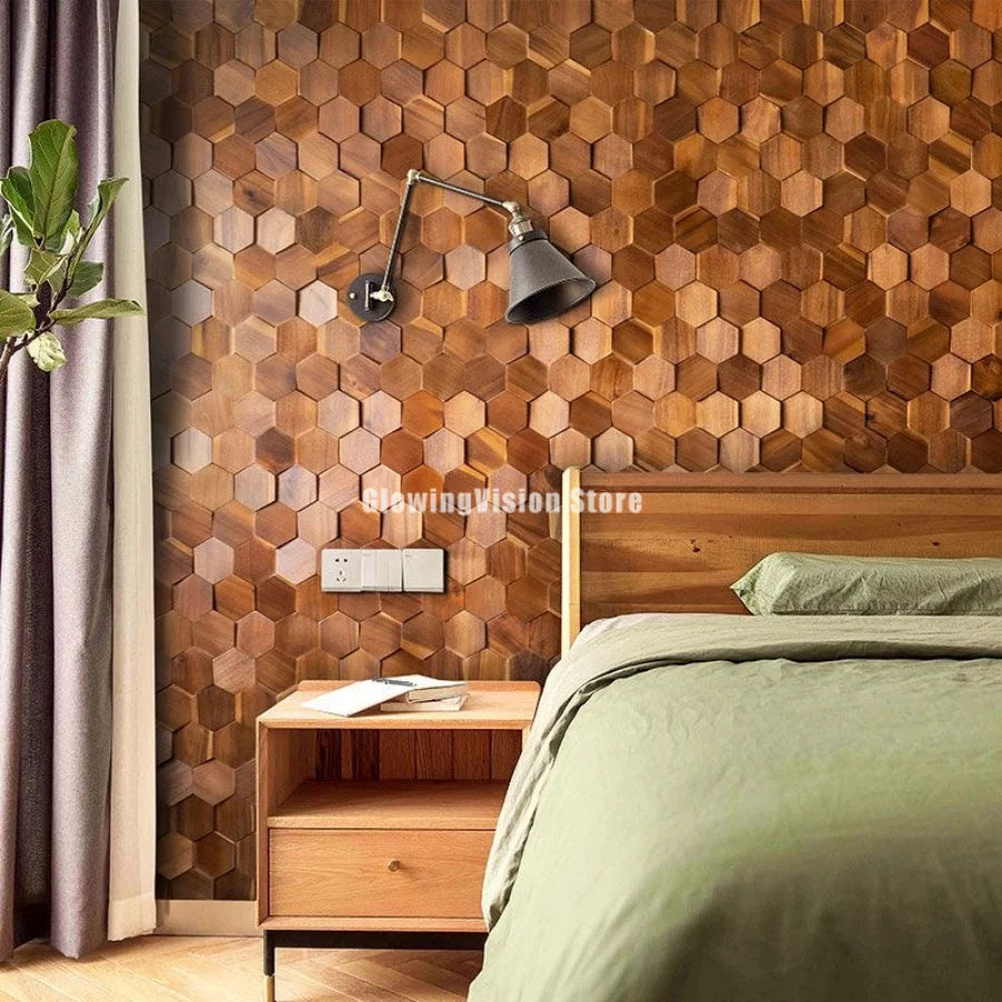 Walnut Wood Mosaic Tile Wall Sticker for TV Background Art Wall Decoration Modern 3D Wood Hexagon Wooden Panel Wall Panel - Daisan Mart