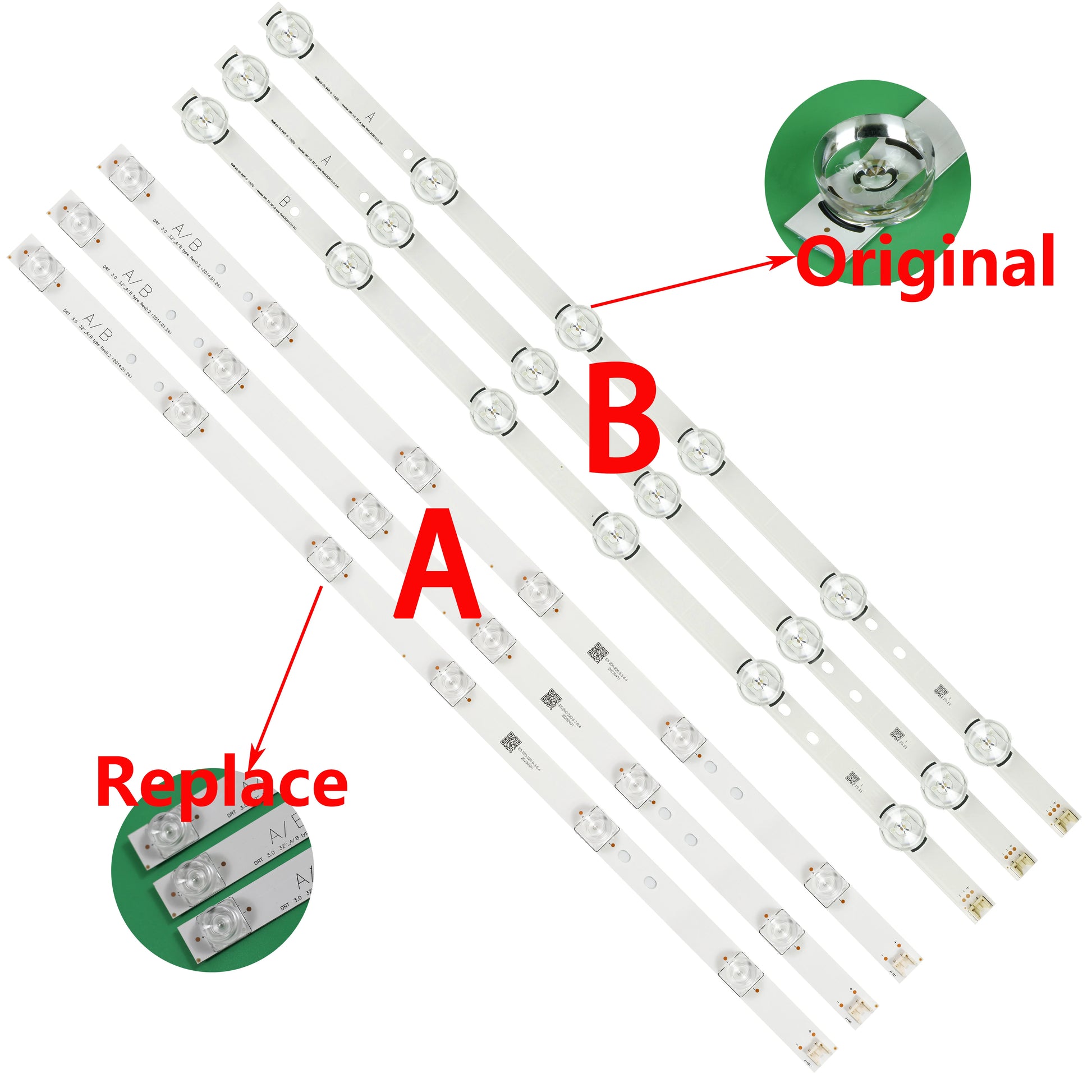 Dải đèn LED trắng với ký hiệu A và B, chú thích "Original" và "Replace" màu đỏ.