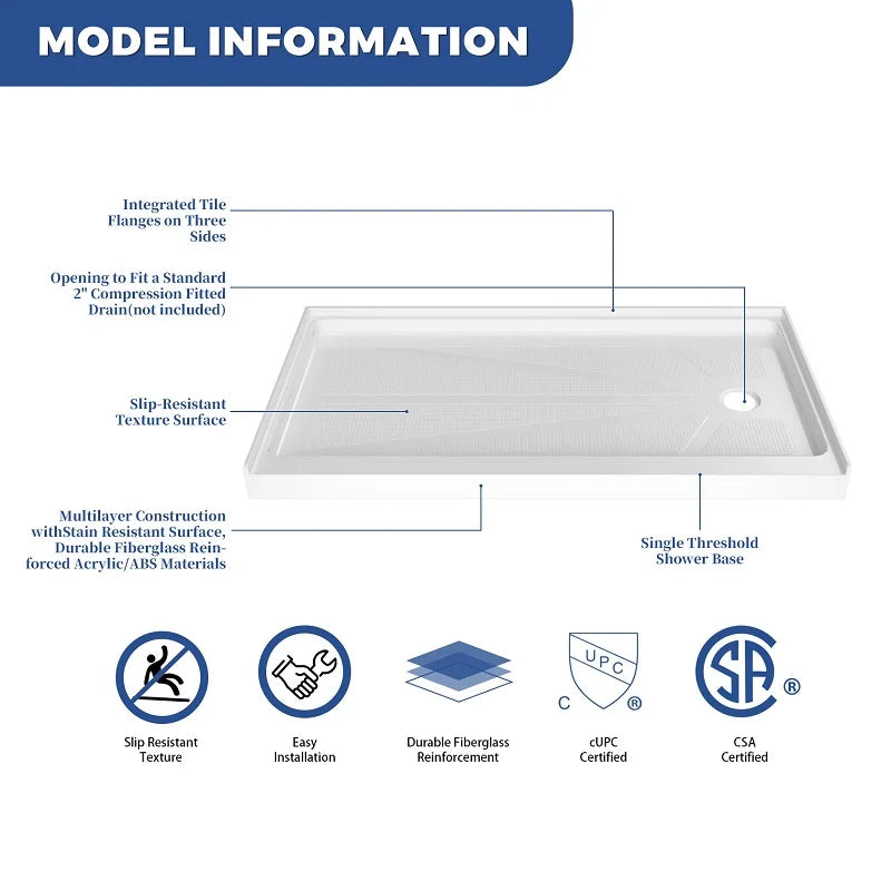 Bathroom Non-Slip Texture Right Drain Acrylic Rectangle Shape Single Threshold Shower Tray - Daisan Mart