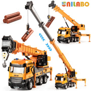 Xe cẩu đồ chơi màu cam và đen nâng các khúc gỗ, có chữ "JIEDE" và logo "INALABO".