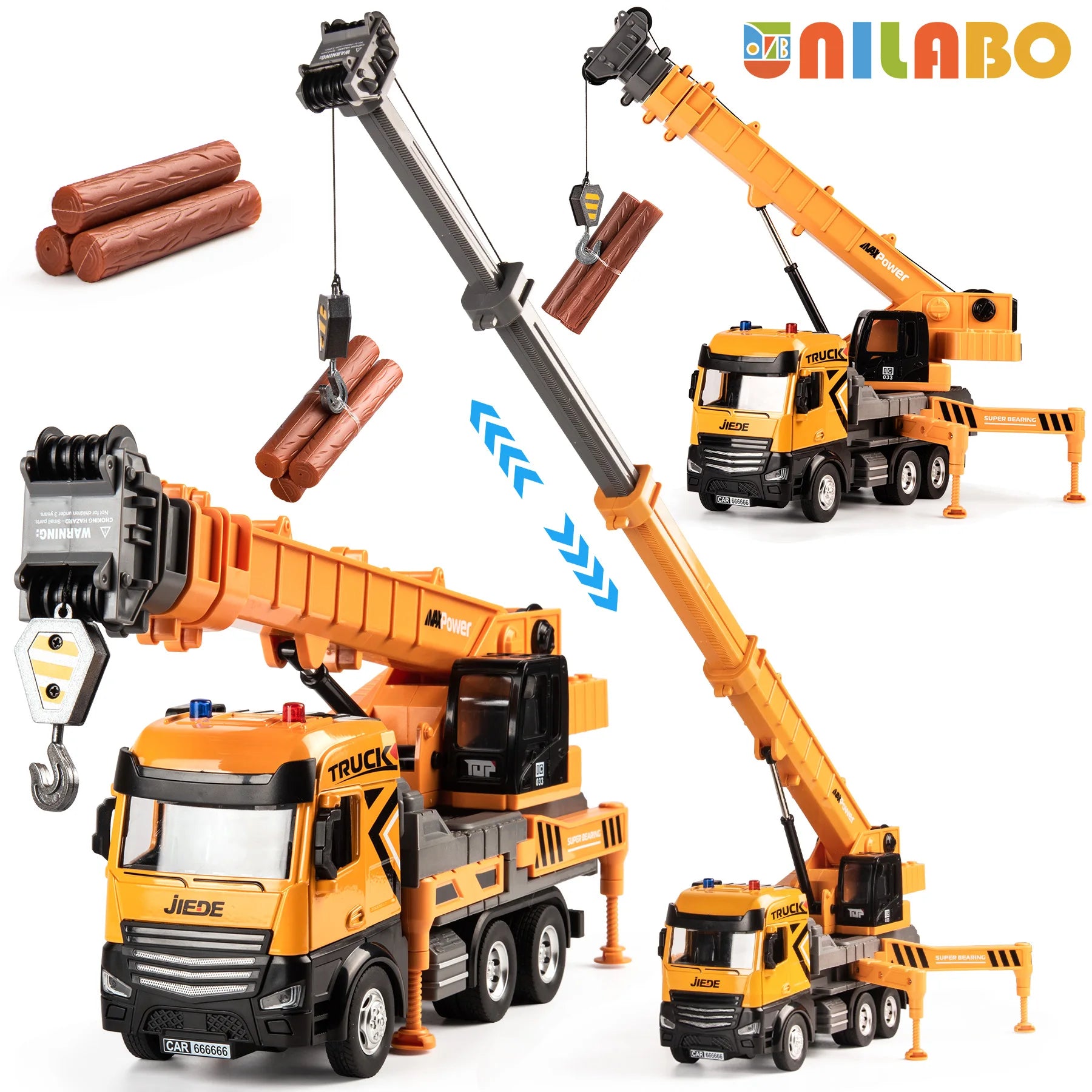 Xe cẩu đồ chơi màu cam và đen nâng các khúc gỗ, có chữ "JIEDE" và logo "INALABO".