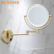 Gương tròn gắn tường màu vàng, thiết kế gập, trên nền tường gạch hoa cương.