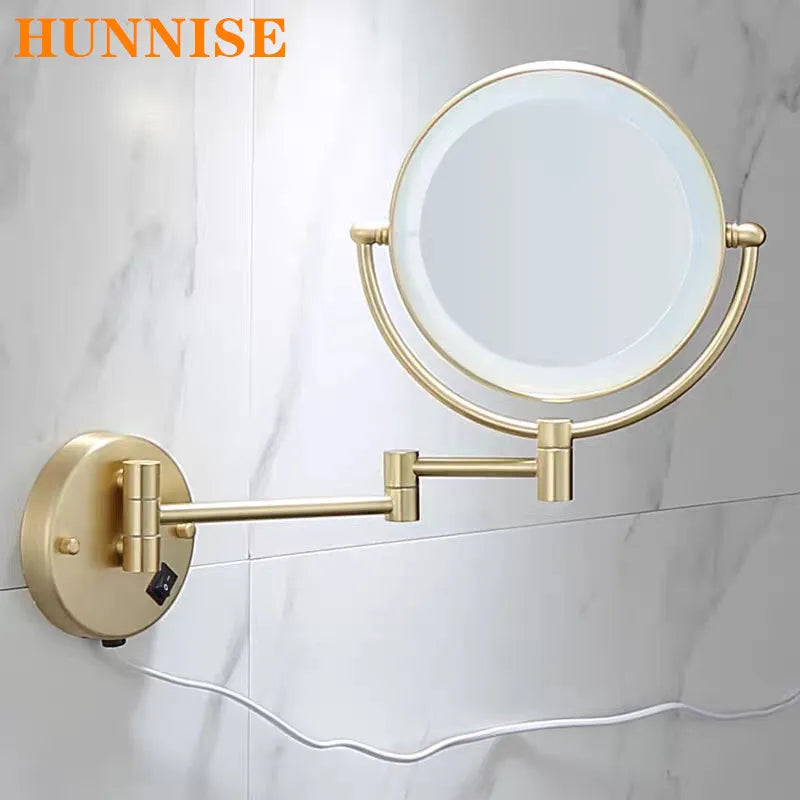 Gương tròn gắn tường màu vàng, thiết kế gập, trên nền tường gạch hoa cương.