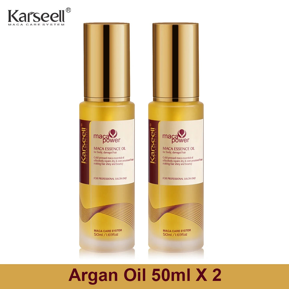 Hai chai dầu dưỡng tóc Karseell màu vàng, nắp vàng, dung tích 50ml.