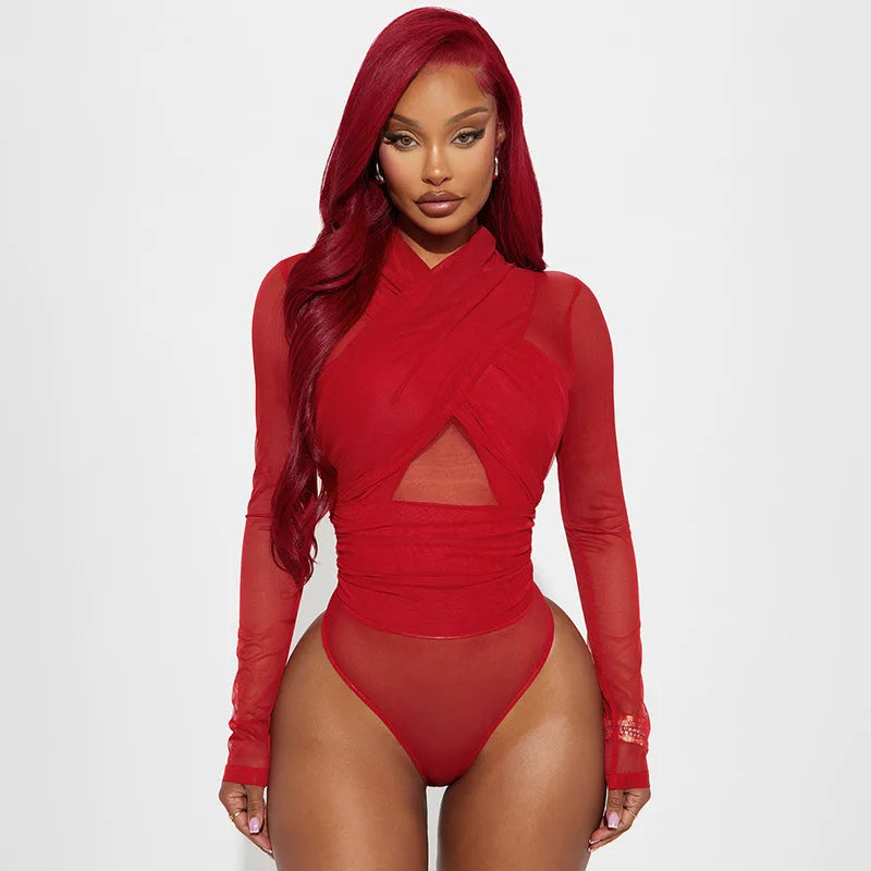 Nsauye Sexy Tights Long Sleeve High Waist Hollow Out Night Club Fashion Women Bodysuit Tops Y2K One Pieces Skinny Rompers 2025 - Daisan Mart