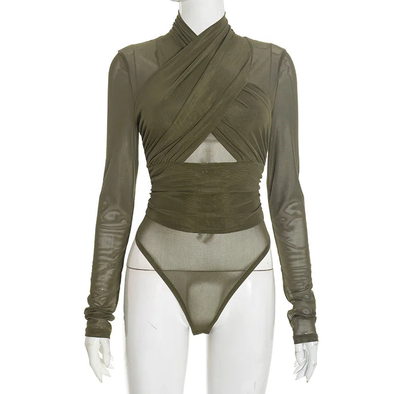 Nsauye Sexy Tights Long Sleeve High Waist Hollow Out Night Club Fashion Women Bodysuit Tops Y2K One Pieces Skinny Rompers 2025 - Daisan Mart