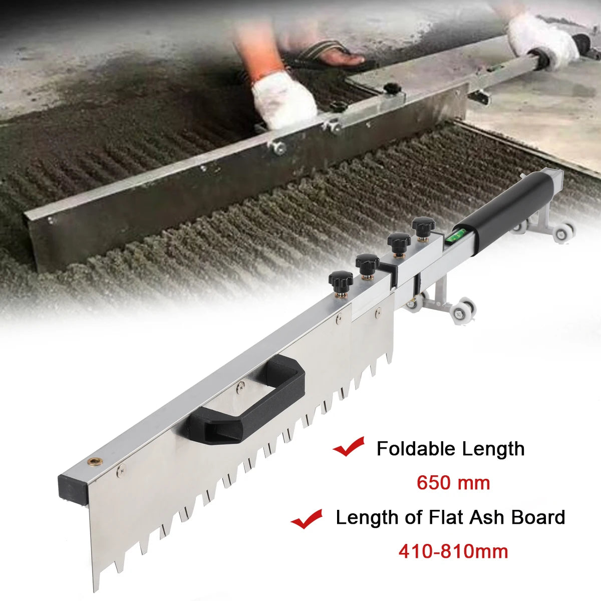 Dụng cụ làm phẳng bê tông có tay cầm đen, lưỡi răng cưa, dài 650mm, 410-810mm.