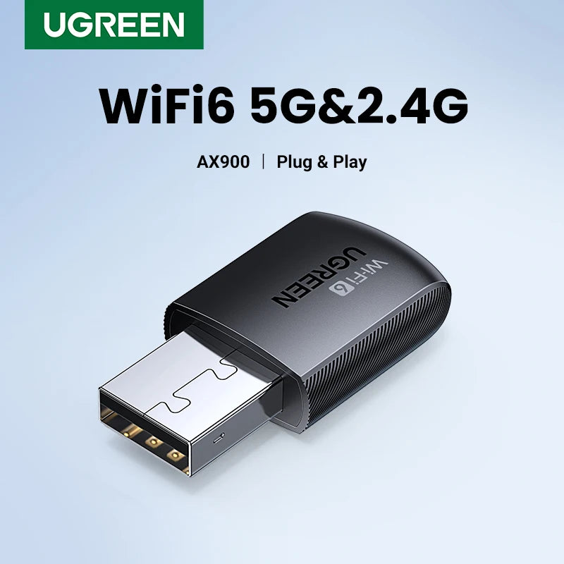 Thiết bị WiFi USB Ugreen màu đen, có chữ "WiFi6 5G&2.4G", nền xanh nhạt.