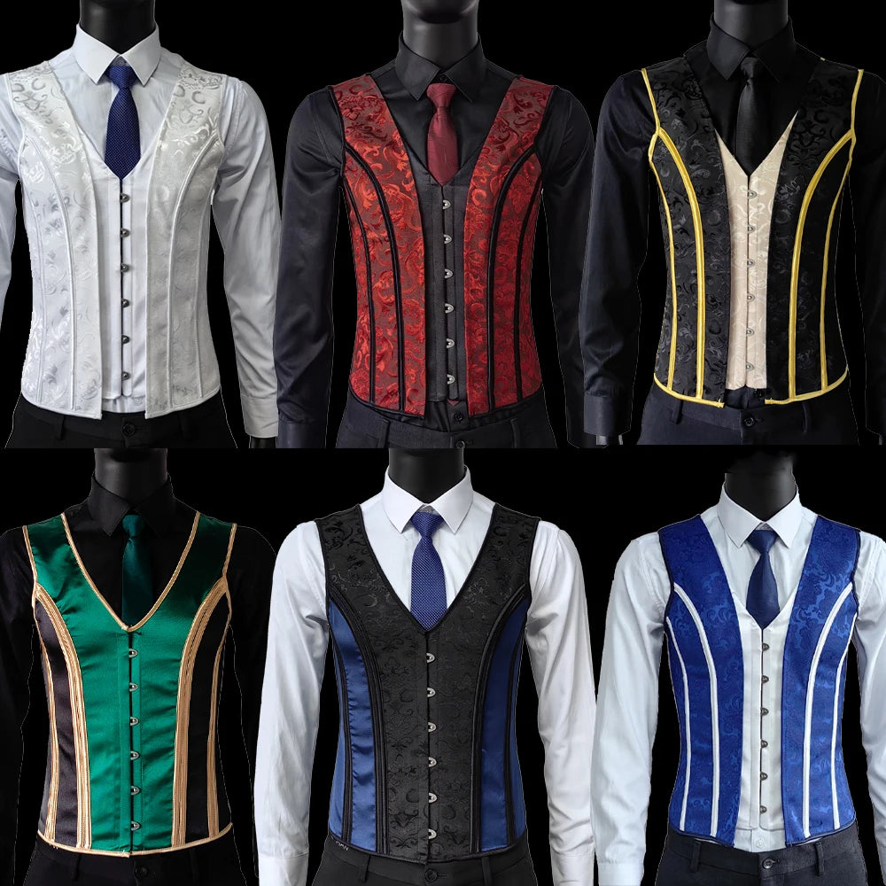Sáu bộ vest màu sắc khác nhau: trắng, đỏ, đen, xanh lục, xanh lam, trên nền đen.