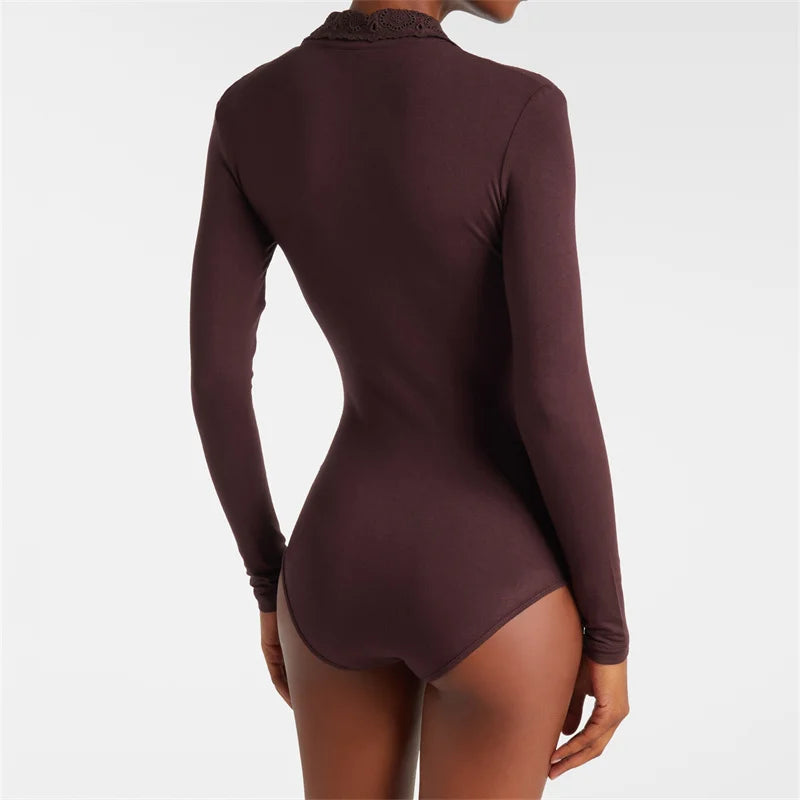 女士連身衣 新款彈性修身翻領長袖上衣 2025秋季花卉刺繡女士束身衣 Y2K女士連身衣