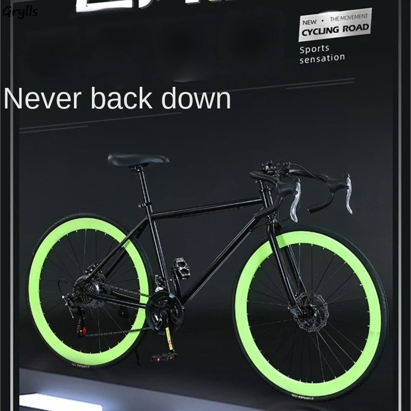Xe đạp đen với vành sáng xanh lá, nền tối, dòng chữ "Never back down".