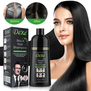 Chai dầu gội Dexe đen, tóc đen suôn mượt, hộp sản phẩm, hình ảnh trước và sau nhuộm tóc.
