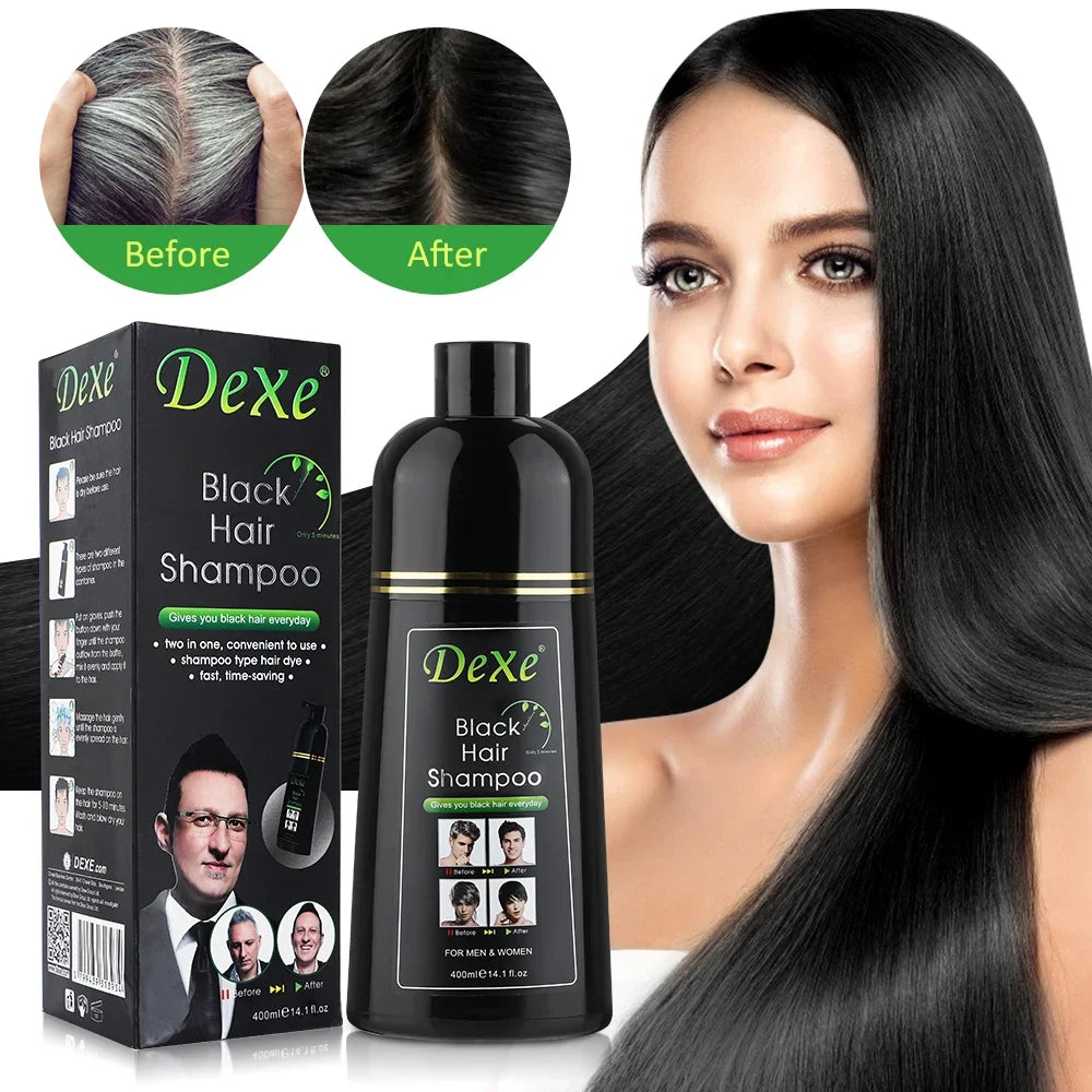 Chai dầu gội Dexe đen, tóc đen suôn mượt, hộp sản phẩm, hình ảnh trước và sau nhuộm tóc.
