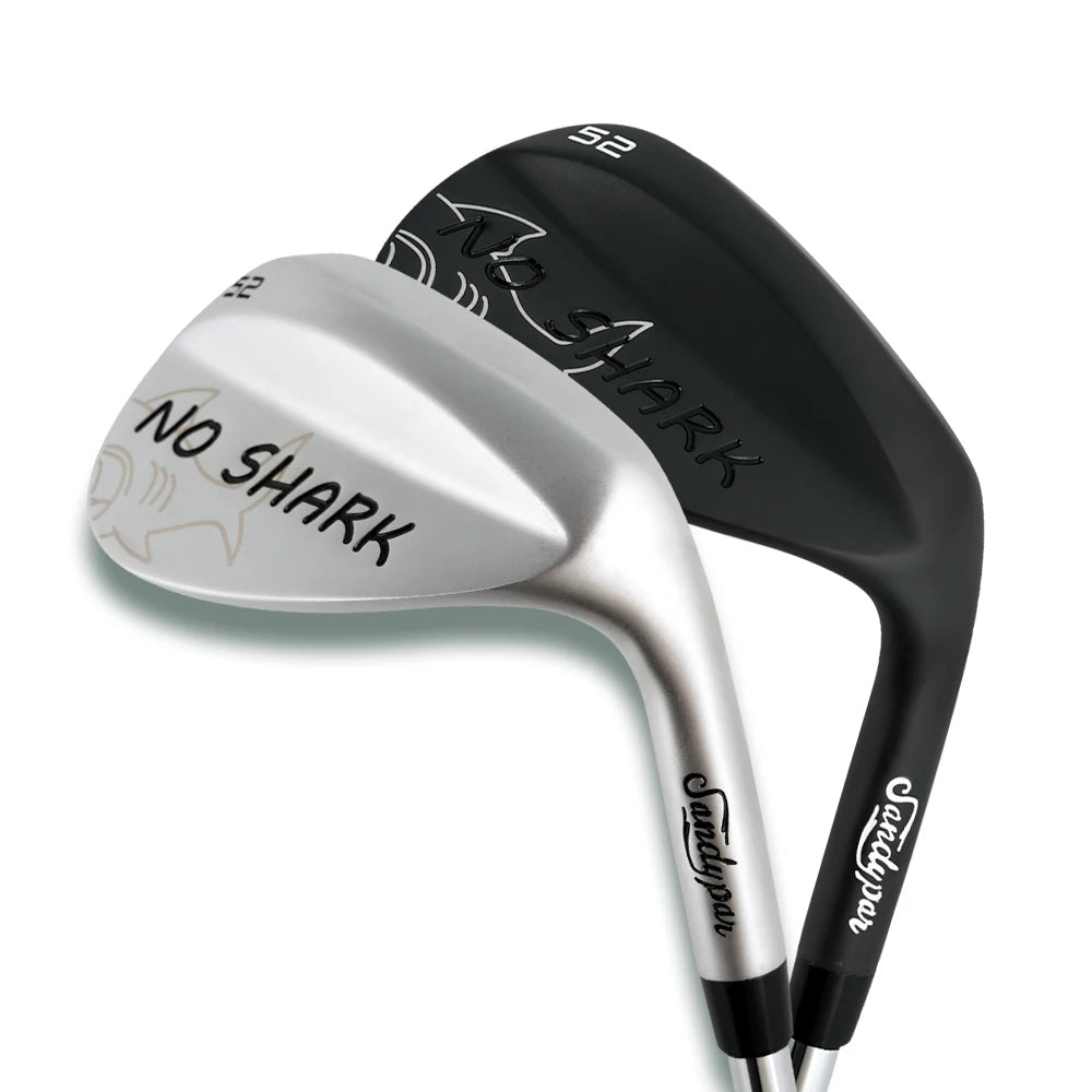 Hai gậy golf với màu bạc và đen, chữ "NO SHARK" in nổi bật trên mặt gậy.