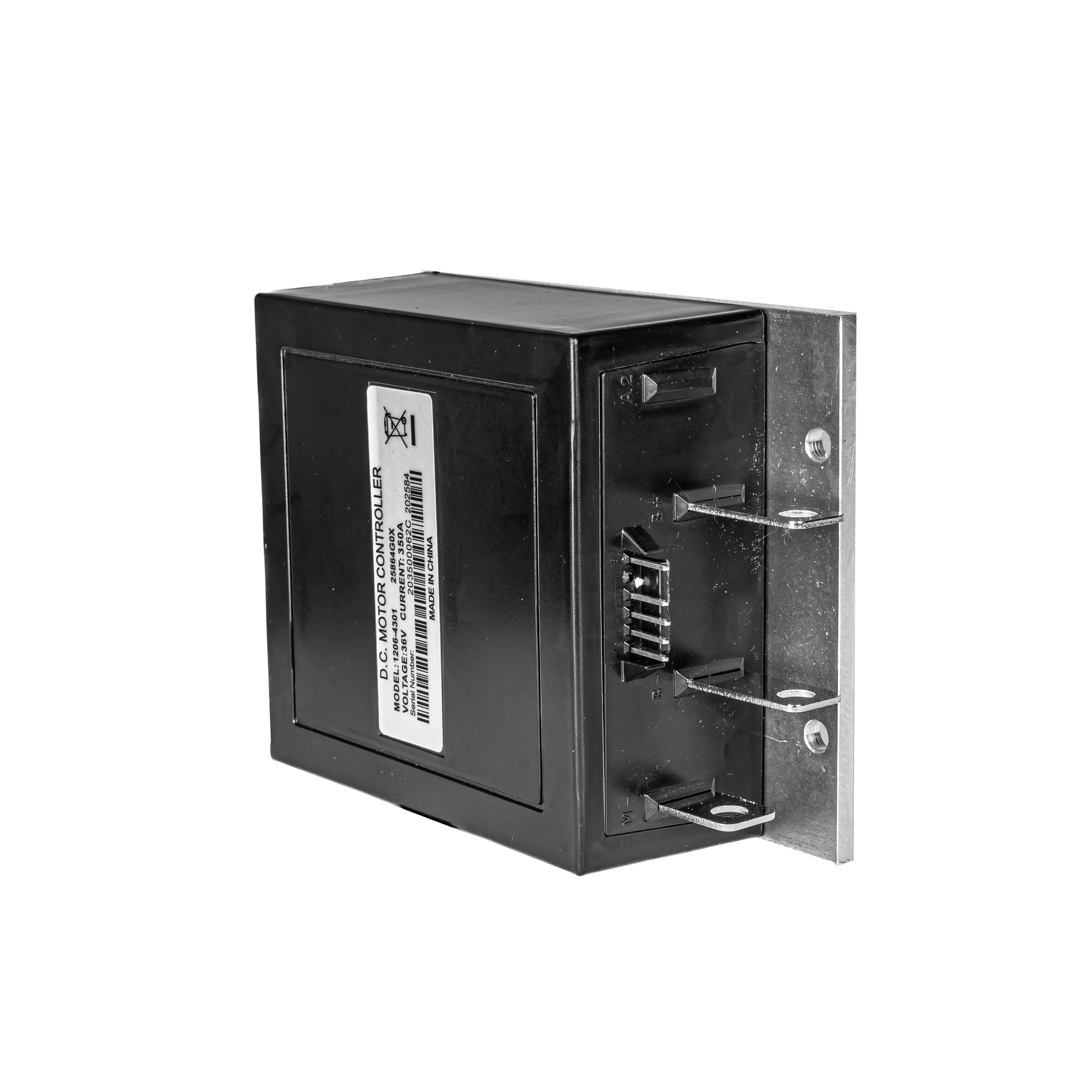 Hộp điều khiển động cơ DC màu đen, mặt kim loại với đầu nối và nhãn trắng.
