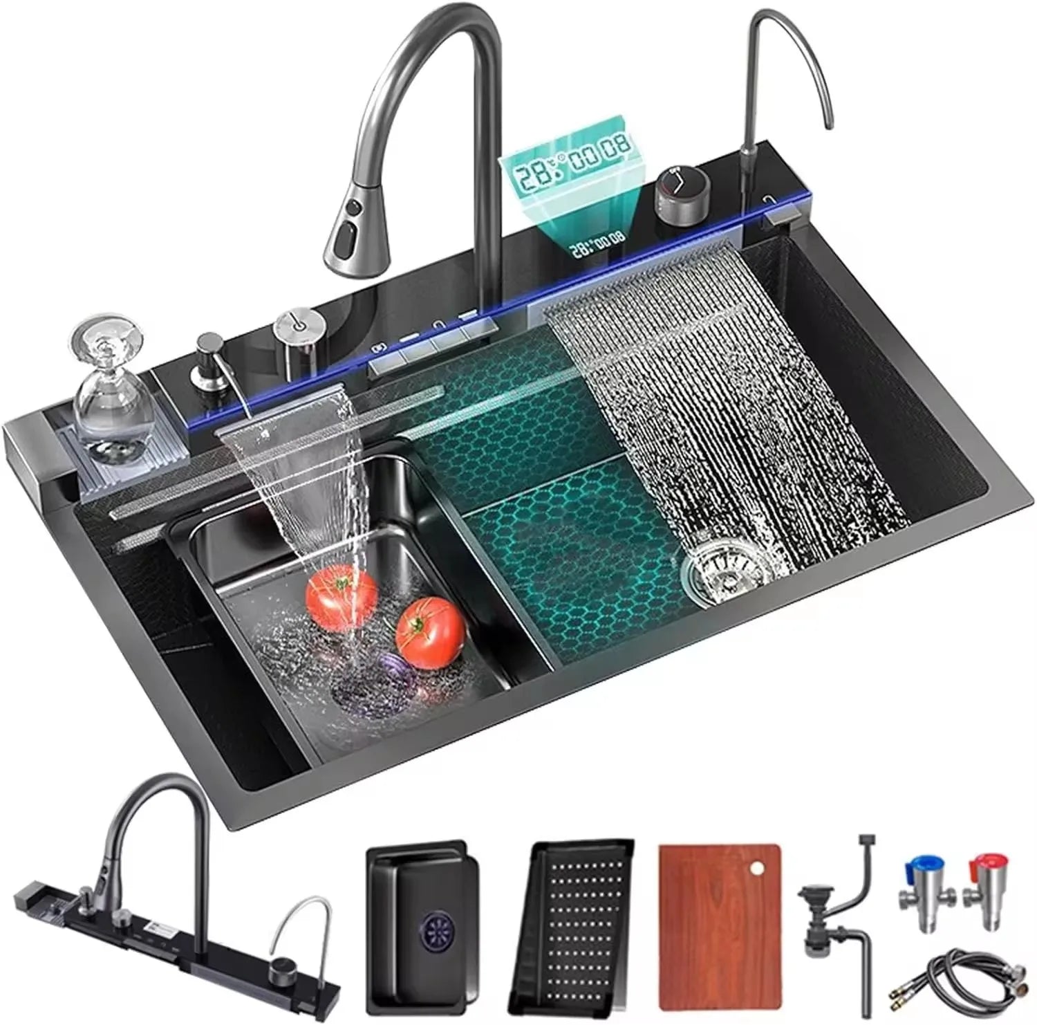 Bồn Rửa Chén Thông Minh LED Đen Inox 304 Đa Năng - Daisan Mart