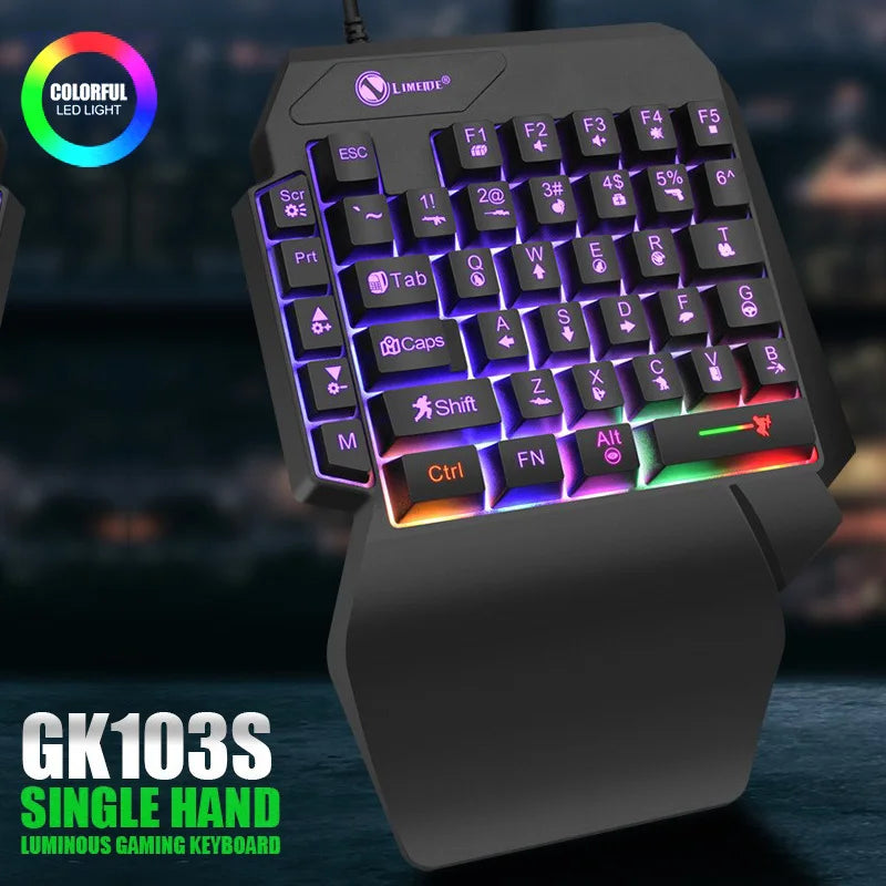 Bàn phím chơi game một tay đèn LED màu sắc, có chỗ kê tay và các phím nổi bật.