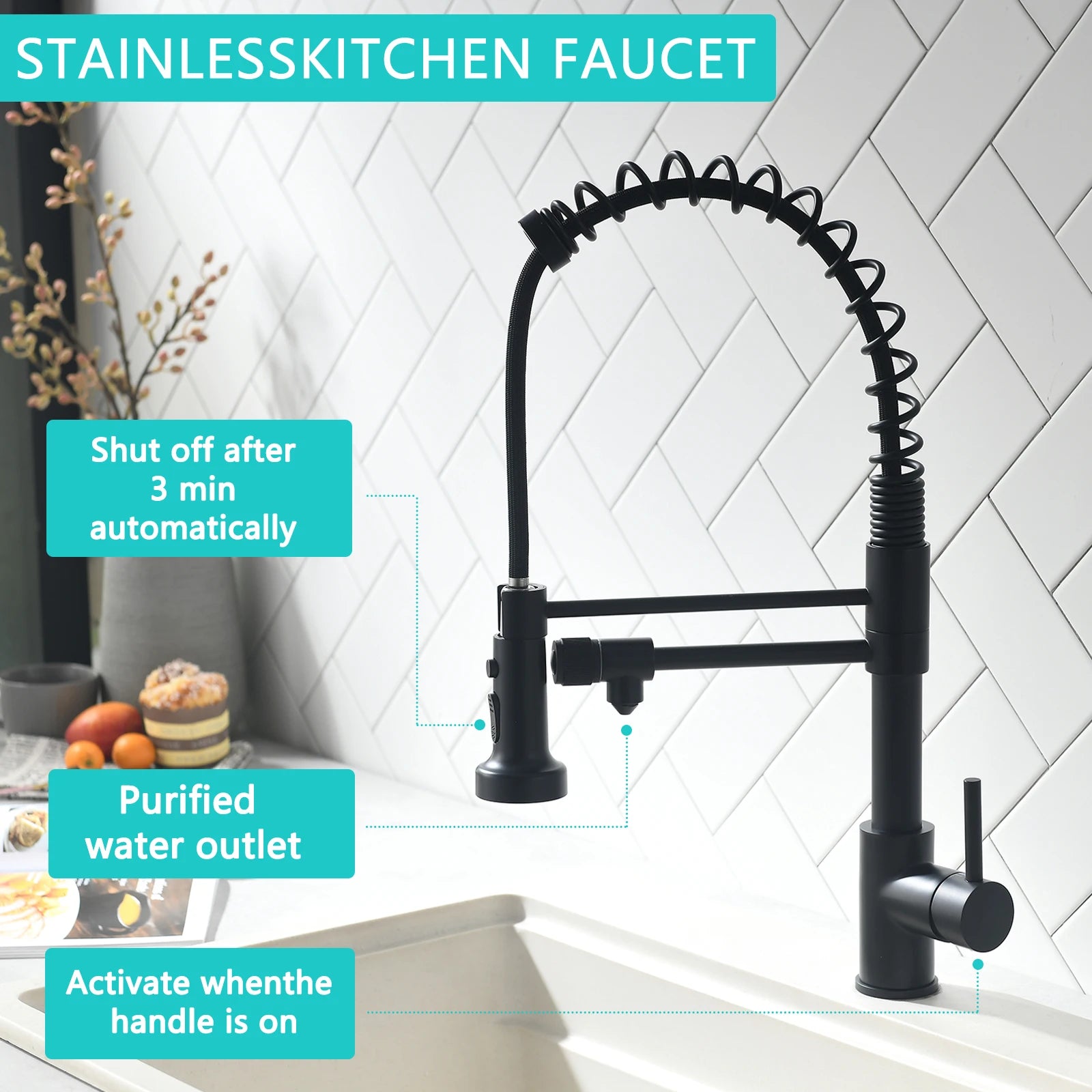 3 Way Spring Kitchen Faucet with Purified Water Filter Hot and Cold Water Black Kitchen Sink Mixer Tap Faucet Pull Down Sprayer - Daisan Mart