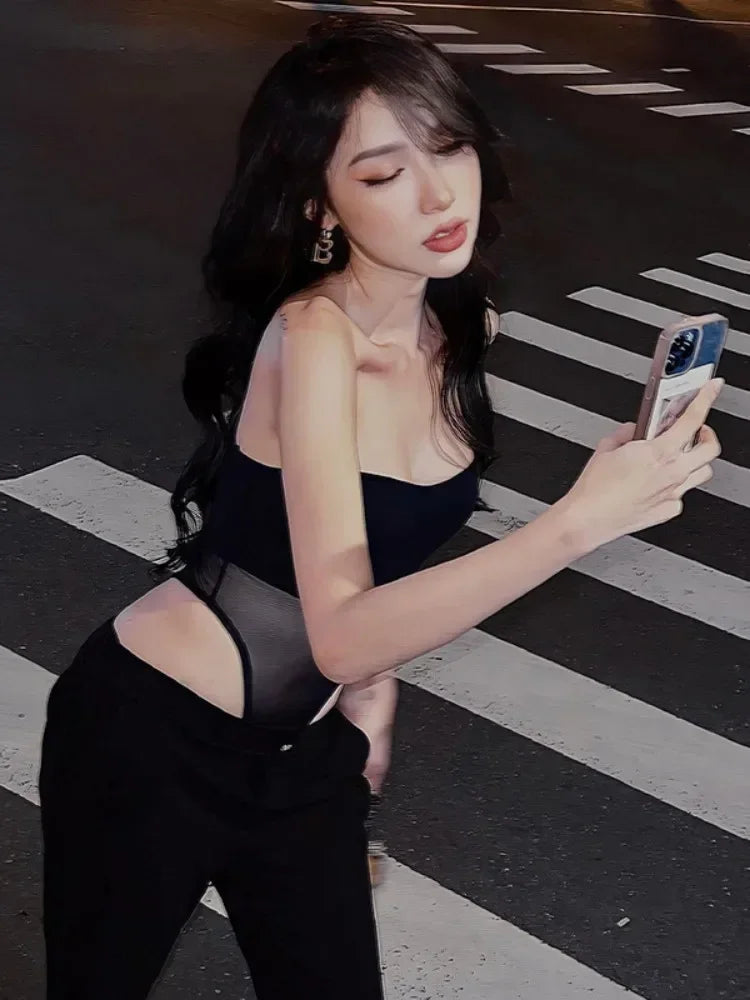 性感街頭風連身衣 - 無袖網紗