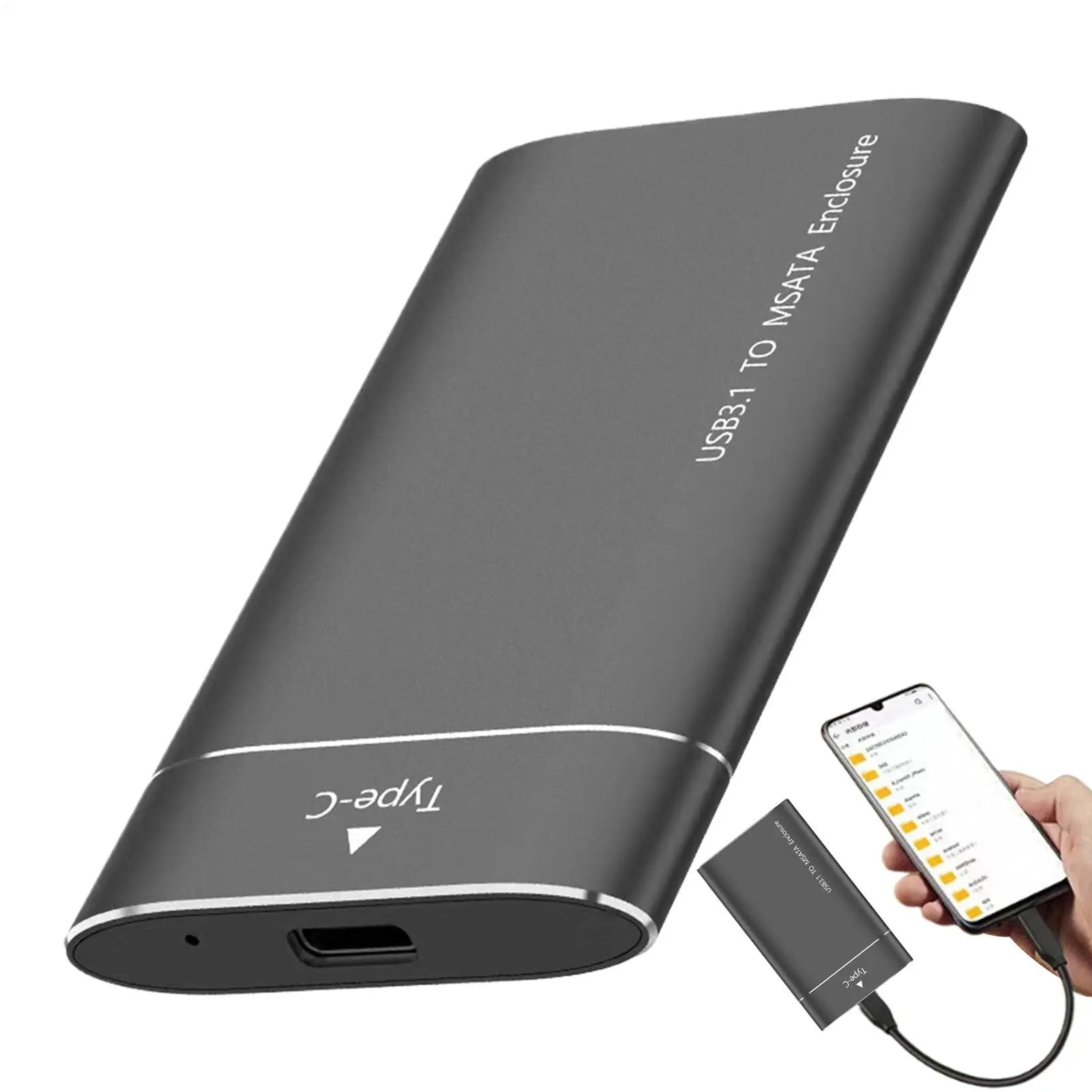 Vỏ đựng ổ cứng màu đen, chữ trắng, cổng USB-C, kết nối với điện thoại qua dây cáp.