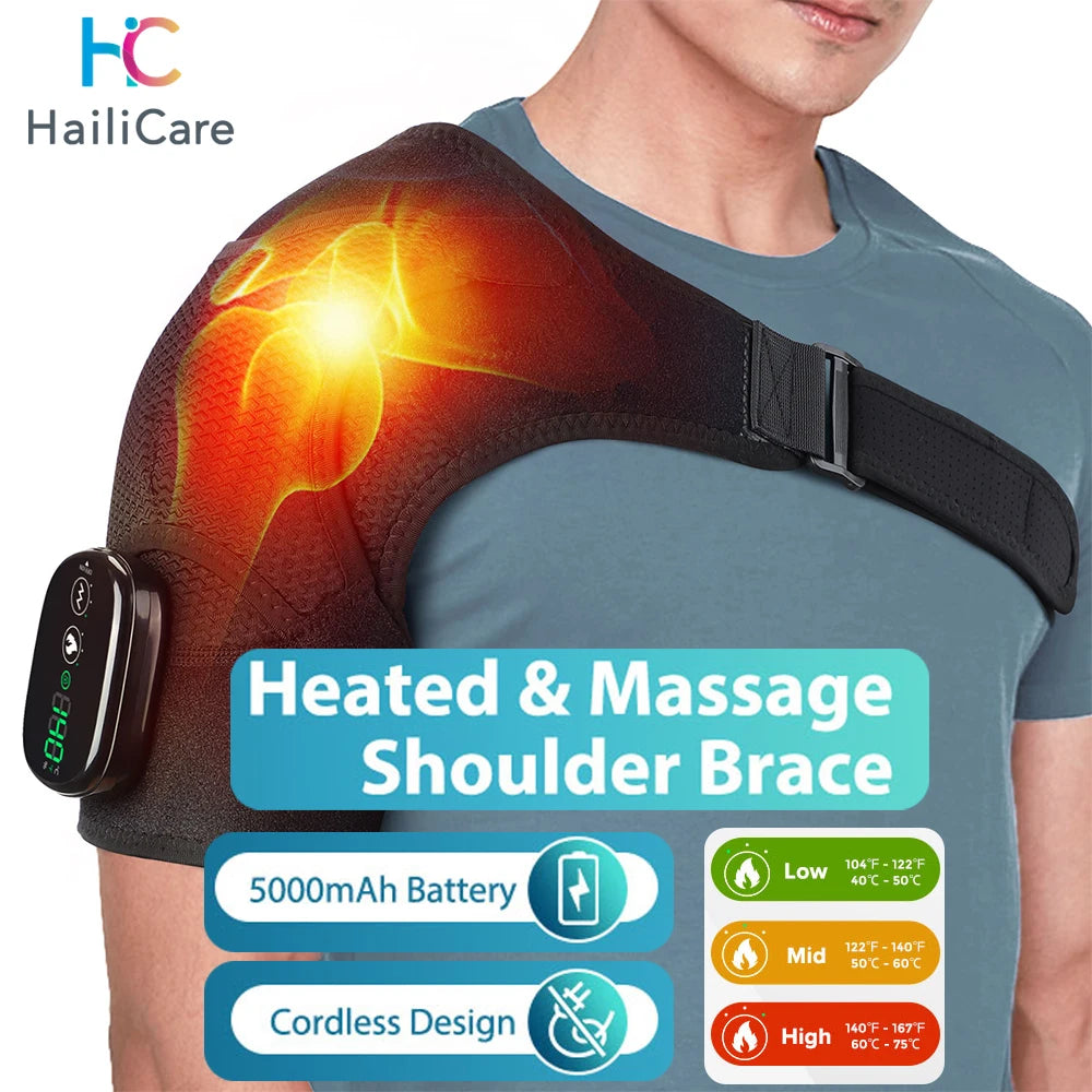 Đệm vai massage với ánh sáng đỏ cam, chữ "Heated & Massage Shoulder Brace".