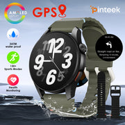 Đồng hồ thông minh màu đen, dây xanh, có màn hình AMOLED, GPS và chống nước 3ATM.