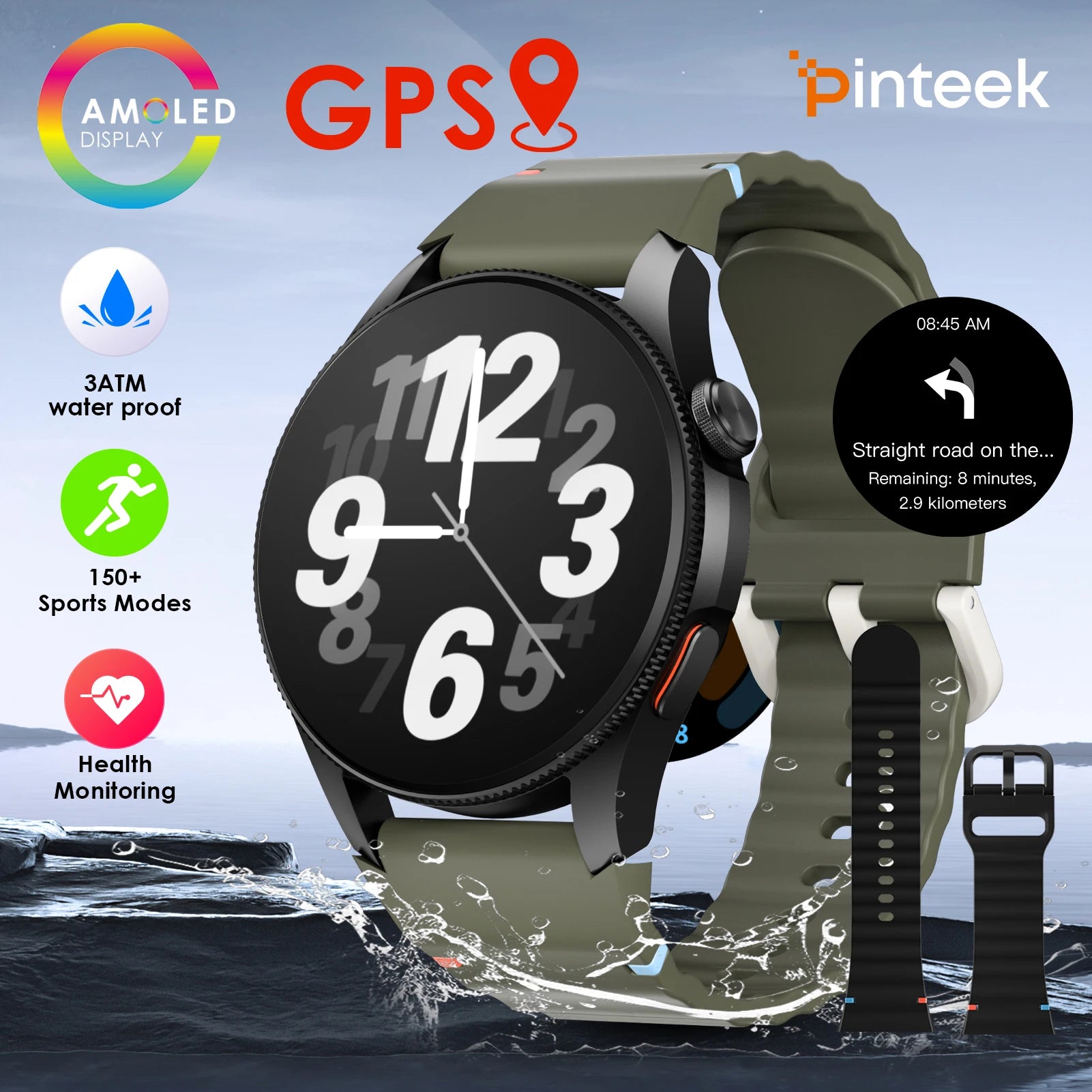 Đồng hồ thông minh màu đen, dây xanh, có màn hình AMOLED, GPS và chống nước 3ATM.