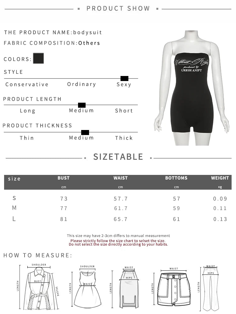 SylCue Letter Print Strapless Bodysuits Women Sexy Off Shoulder Backless Shaped Waist Wrap Hip Street Fashion Wild Style Bodycon - Daisan Mart