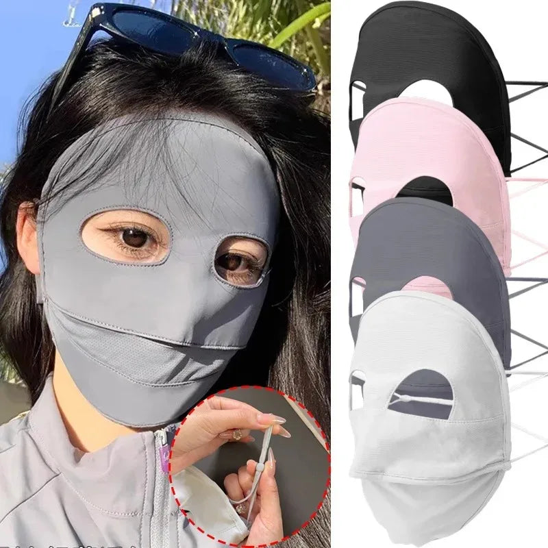 Người đeo mặt nạ vải màu xám có lỗ cho mắt, với kính râm trên đầu. Bên cạnh là bốn mặt nạ khác.