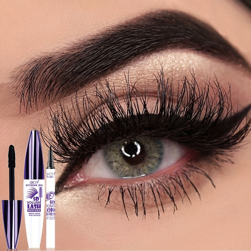 Cận cảnh mắt trang điểm kỹ, mi dài, dày; đi kèm mascara và bút kẻ mắt màu tím.
