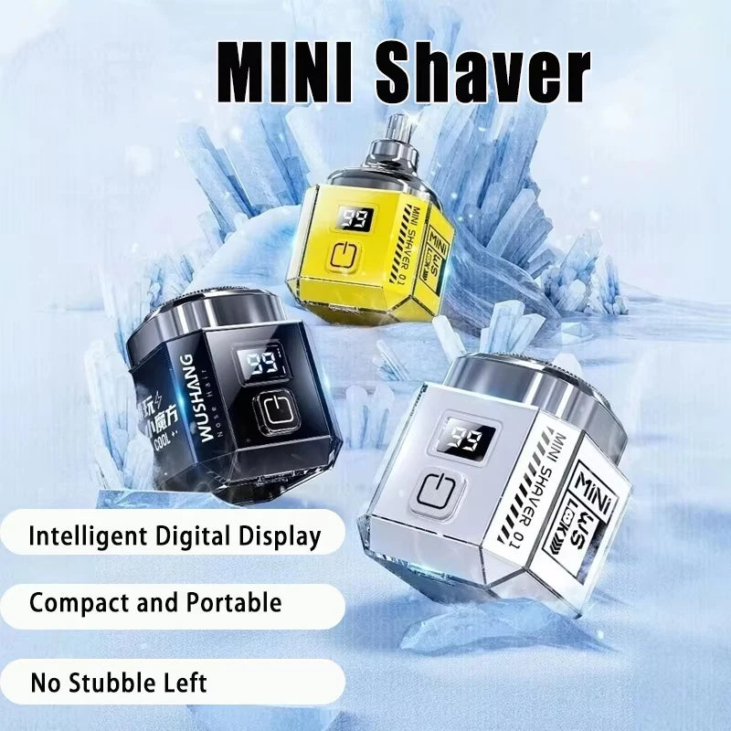 Ba máy cạo râu mini có màn hình kỹ thuật số, màu đen, vàng, trắng trên nền băng.