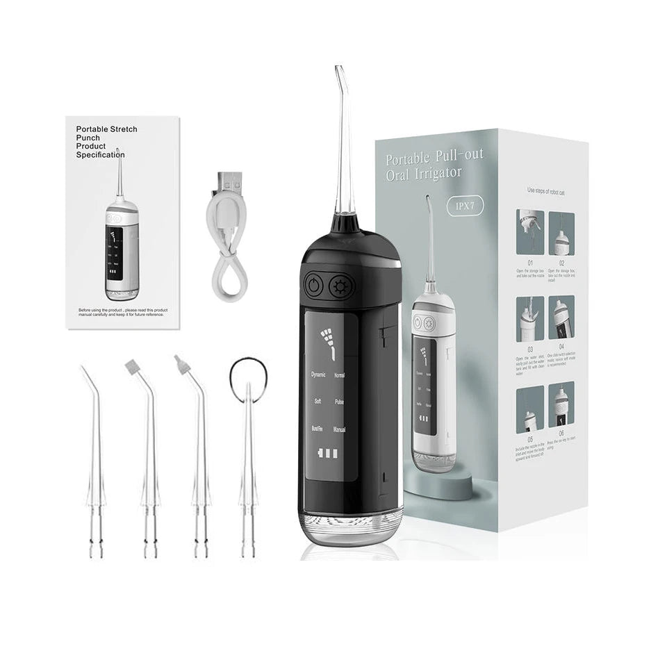 Máy tăm nước màu đen, kèm hộp, dây sạc USB, sách hướng dẫn, và bốn đầu phun thay thế.