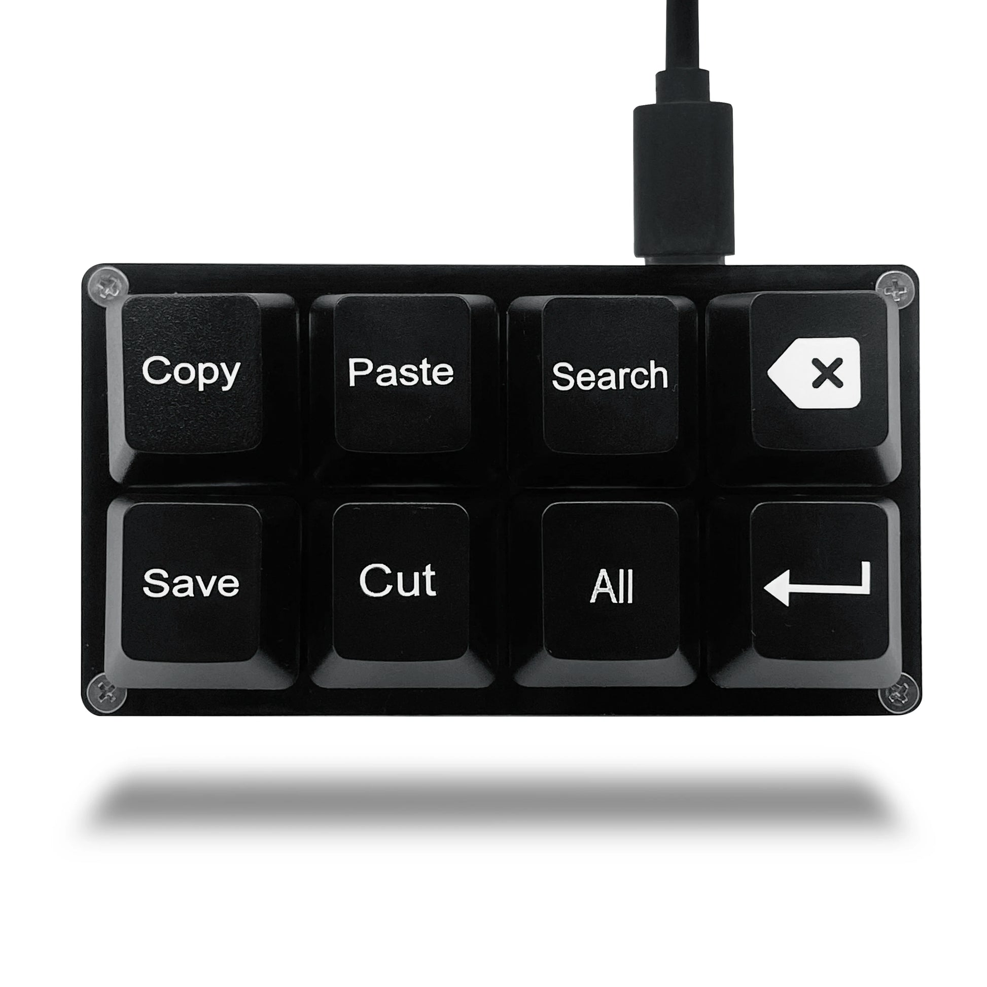 Bàn phím mini màu đen, 8 phím: Copy, Paste, Search, Save, Cut, All, phím điều hướng và xóa.