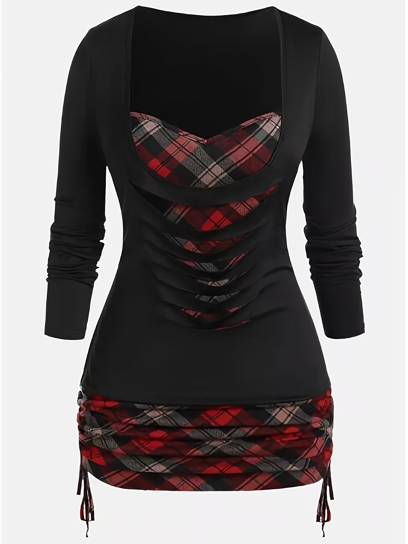 Long Sleeve Plaid Print Deep V Neck Casual T-shirt - Soft Slight Stretch Fabric, Ripped Details, Machine Washable, All Season Wear - Polyester Knit Fabric, Acrylic Lining, Pullover Style, Regular Fit
