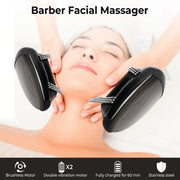 Máy mát-xa mặt màu đen đang được sử dụng trên khuôn mặt người, nền trắng.