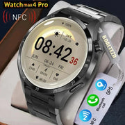 Đồng hồ thông minh màu đen, hiển thị giờ, ngày, thời tiết, NFC, Bluetooth, GPS.