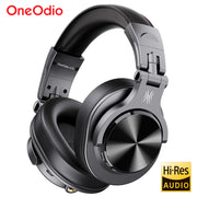 Tai nghe OneOdio A70 đen bóng, quai da đệm, có logo Hi-Res Audio ở góc phải dưới.