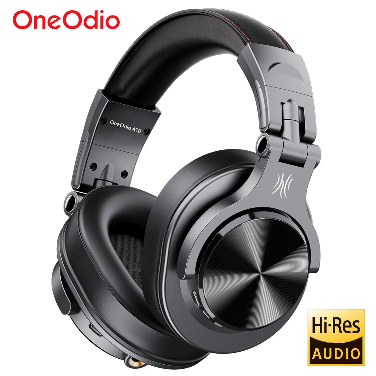 Tai nghe OneOdio A70 đen bóng, quai da đệm, có logo Hi-Res Audio ở góc phải dưới.