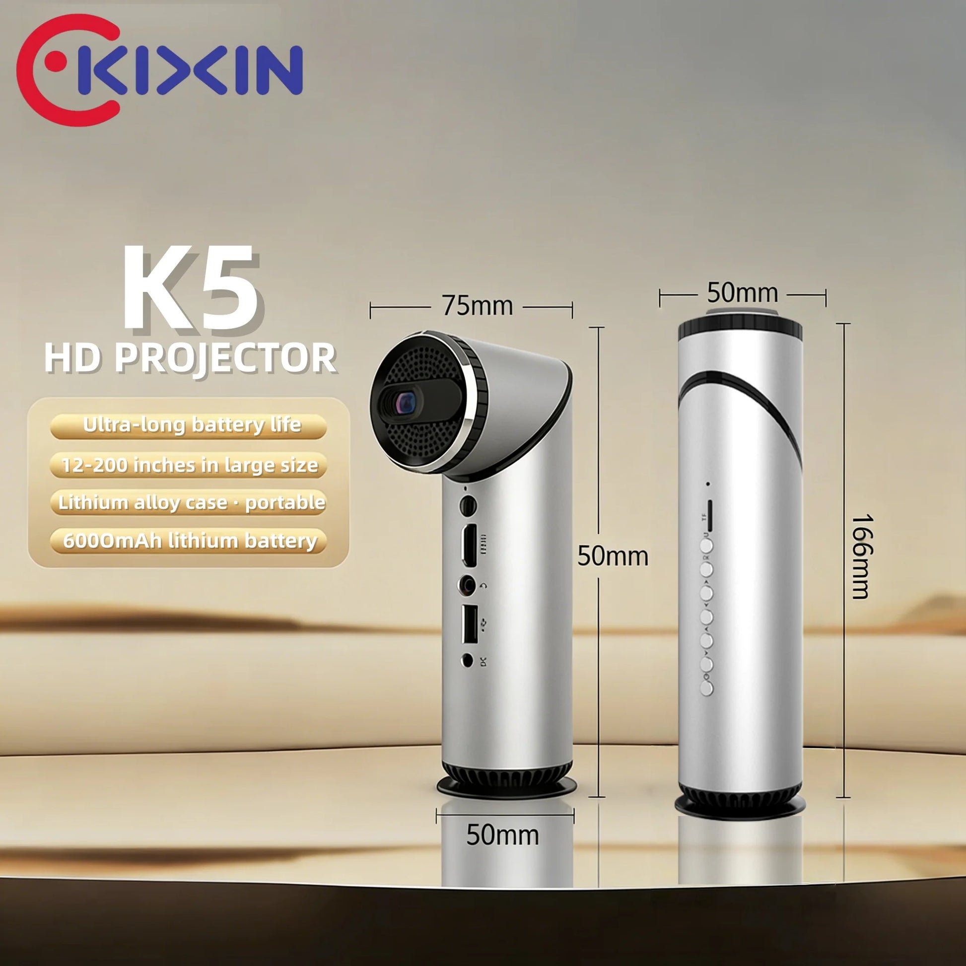 Máy chiếu K5 màu bạc, dạng trụ, có các nút và cổng kết nối, kích thước 166mm x 50mm.