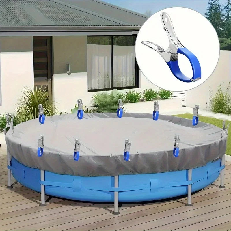 12pcs Durable Stainless Steel Pool Cover Clips with Blue Plastic Handle - Suitable for Ground Pool Covers and Photography - Daisan Mart