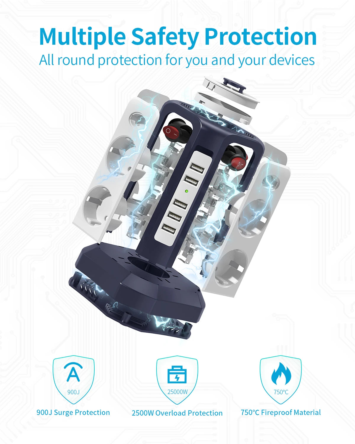 Ổ Điện Tháp 8 Ổ Kèm 5 Cổng USB & Công Tắc Riêng - Daisan Mart
