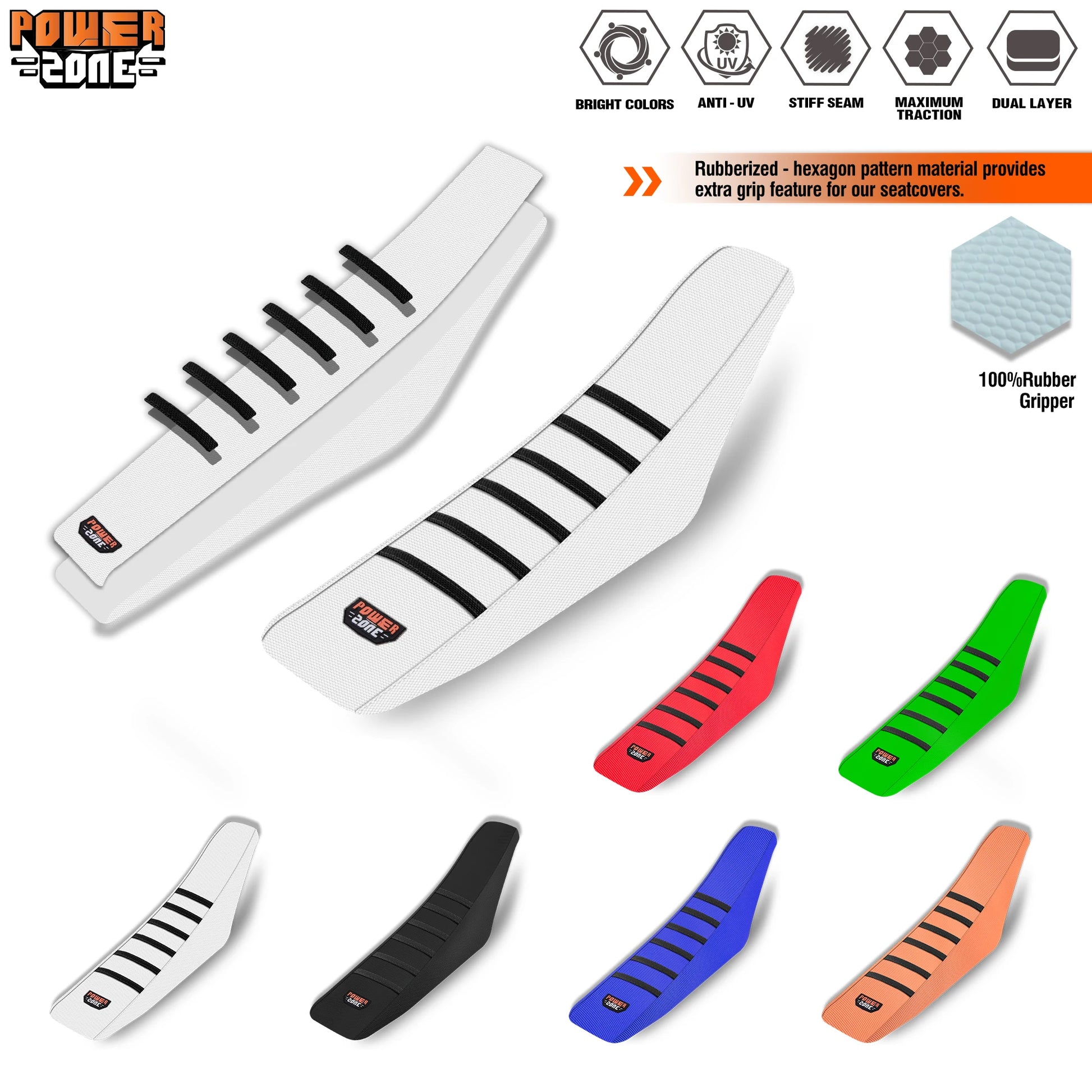 Nệm yên xe nhiều màu, có vân chống trượt, gồm trắng, đen, đỏ, xanh lá, xanh dương và cam.