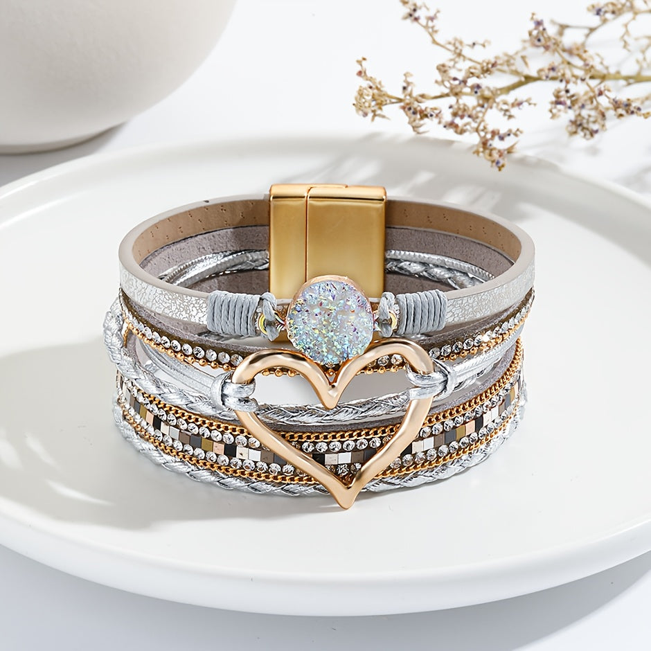 [Boho Chic Heart Bracelet] Boho Chic Multi-Layer PU Leather Magnetic Clasp Bracelet - Black Braided Design & Crystal Accents, Golden-Tone Metal Heart Pendant, Elegant Love Heart - Daisan Mart