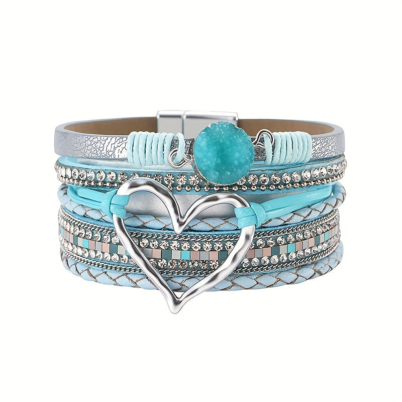 [Boho Chic Heart Bracelet] Boho Chic Multi-Layer PU Leather Magnetic Clasp Bracelet - Black Braided Design & Crystal Accents, Golden-Tone Metal Heart Pendant, Elegant Love Heart - Daisan Mart