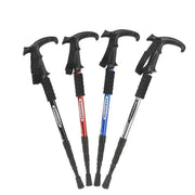 Bốn gậy leo núi màu đen, đỏ, xanh và bạc, tay cầm đen, đặt trên nền trắng.