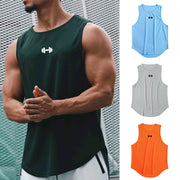 Áo tập gym nam cộc tay, màu đen, xanh dương, xám, cam, in hình tạ trên ngực trước.