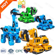 Đồ chơi xe cẩu robot màu vàng, xanh lá, xanh dương, trên nền trắng, biểu tượng HOT góc trái.